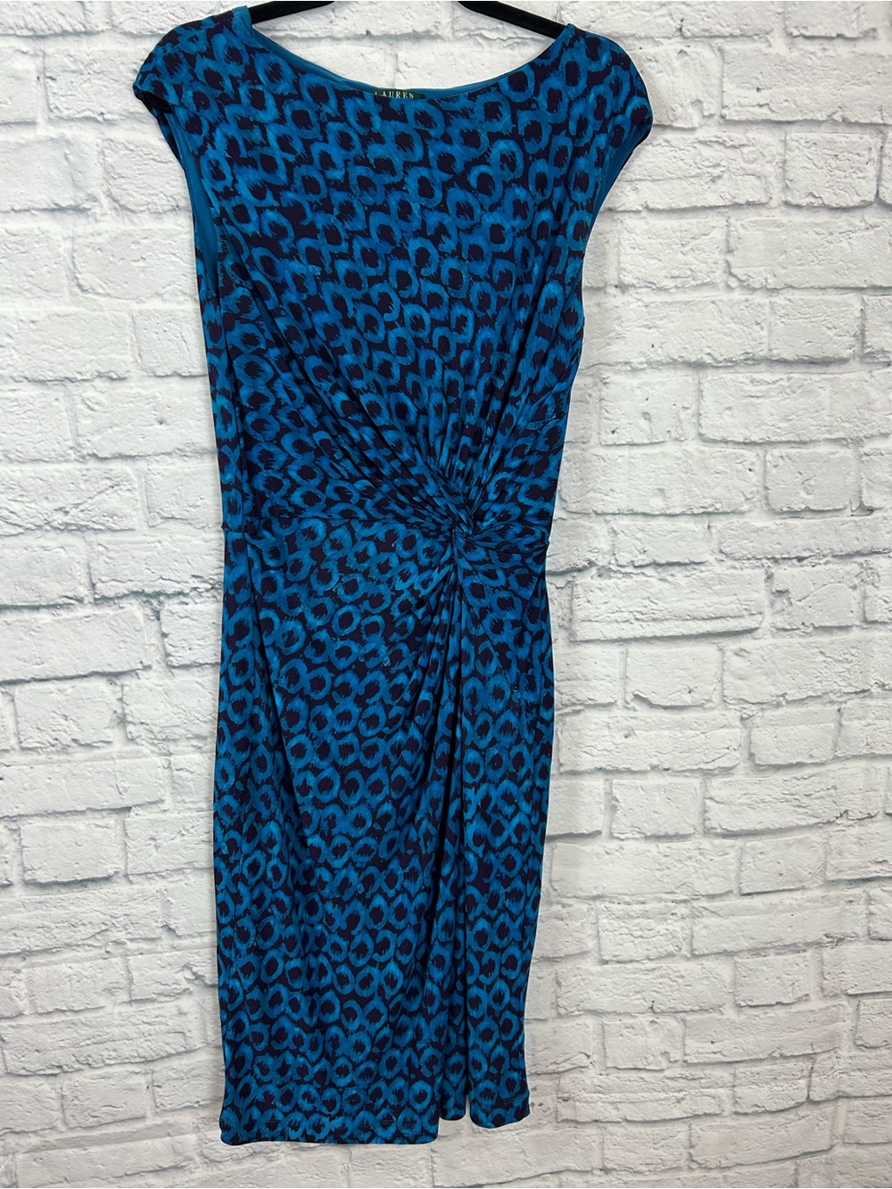 Lauren Ralph Lauren Dress 8 Blue Leopard Print Twist Front Ruched Midi